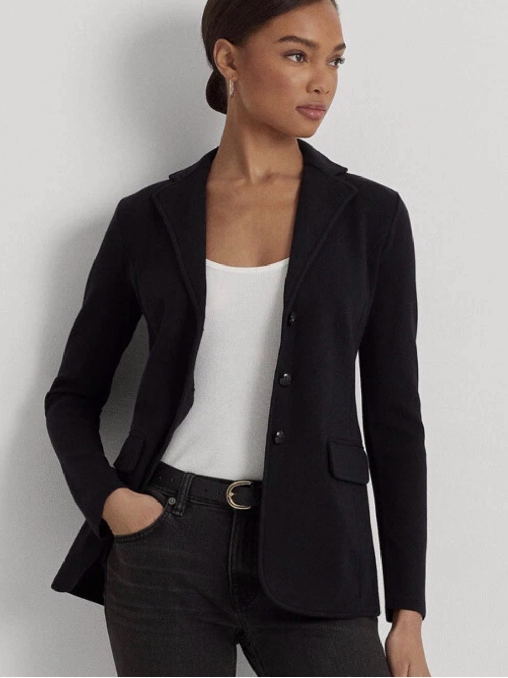 Lauren Ralph Lauren Black Knit Blazer 3 Button Career Jacket Petite Medium
